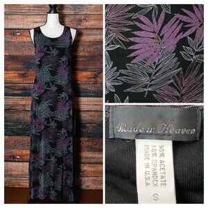 Made in Heaven Vintage Maxi Dress S Slinky Black Leaf Print Side Slit Made in US